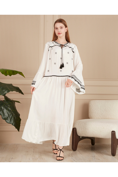 EL jadida Γυναικείο Κεντημένο Μακρύ Φόρεμα Βισκόζης Plus Size Λευκό
