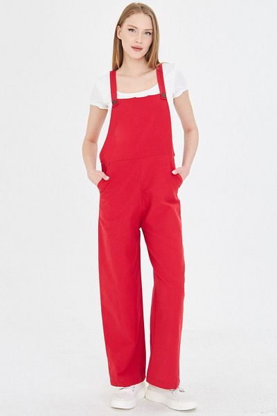armonika Women's Red Pocket Wide Leg Gardener Overalls Arm-25Y 001043