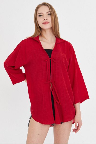 armonika Women's Red Shirt Collar Front Lace-Up Kimono Shirt Arm-25K 001006