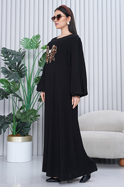 EL jadida Women's Leopard Stone Embroidered Plus Size Viscose Long Dress Black