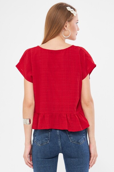 armonika Red Oversize Crop Blouse - Bat Sleeve and Tie SKirt ARM-24Y 001088