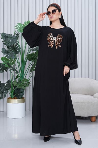EL jadida Women's Leopard Stone Embroidered Plus Size Viscose Long Dress Black