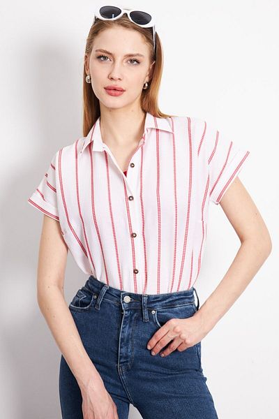 armonika Red Striped Women's Shirt - Short Sleeve, ARM-24Y001067