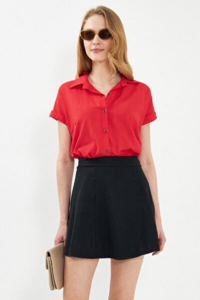 armonika Women's Red Short Sleeve Linen Shirt ARM-24Y001038