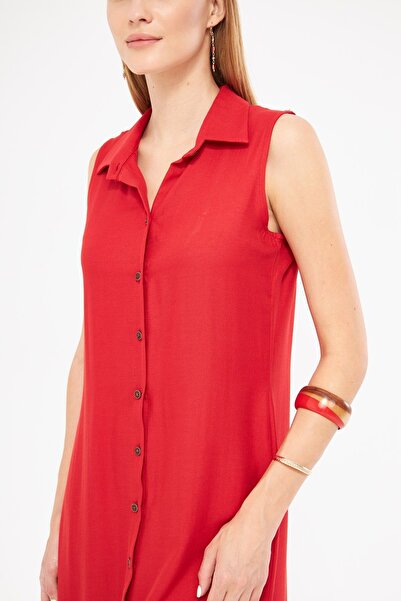 armonika Red Buttoned Collar Women's Dress - ARM-17Y00028