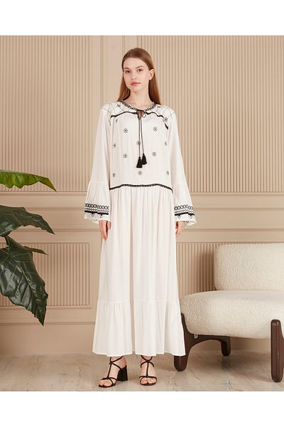 EL jadida Women's Embroidered Plus Size Viscose Long Dress White