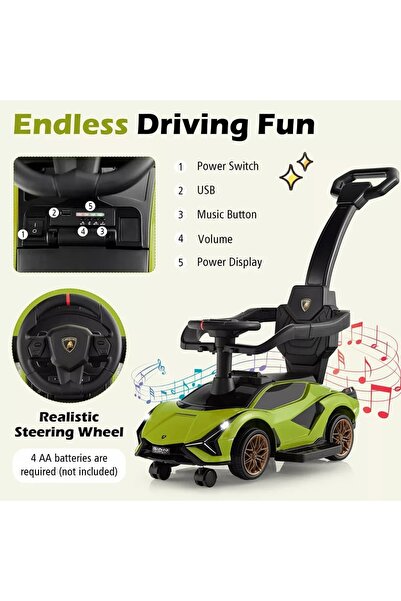 Factual Toys Lamborghini Ride on Push Car Walking Toy Stroller with USB Port - Green