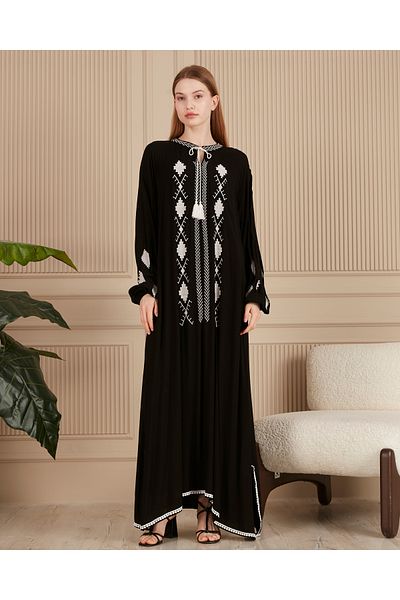 EL jadida Women's Embroidered Plus Size Viscose Long Dress Black