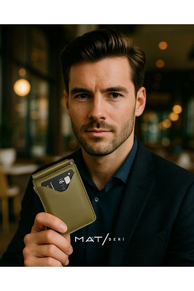 MAT Deri Men's Wallet Genuine Leather Money Clip Slim Card Holder Khaki Green Wallet Gift