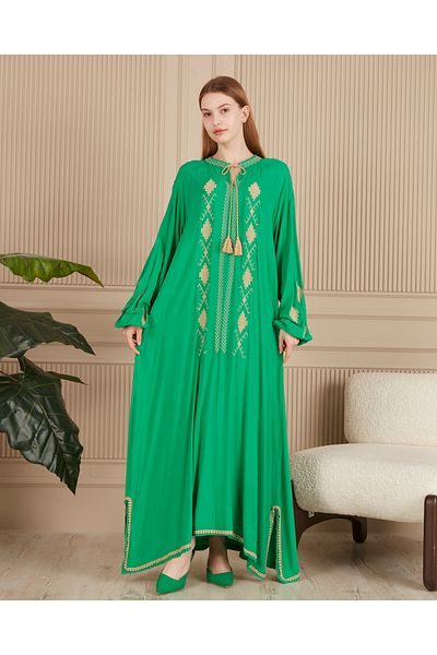 EL jadida Women's Embroidered Plus Size Viscose Long Dress Green