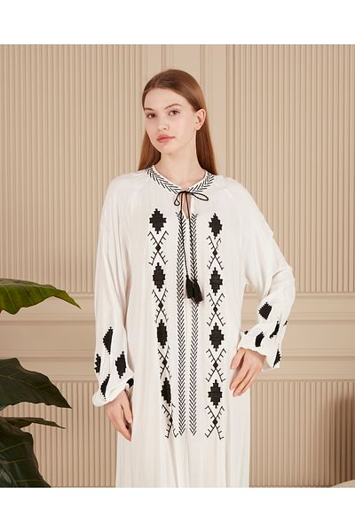 EL jadida Women's Embroidered Plus Size Viscose Long Dress White