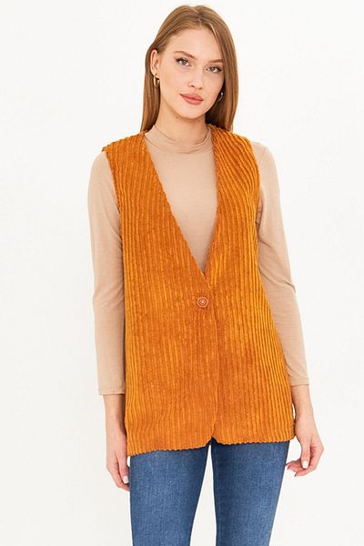 armonika Mustard V-Neck Oversize Velvet Vest - Single Button, Thick Corduroy Arm-25K 001016