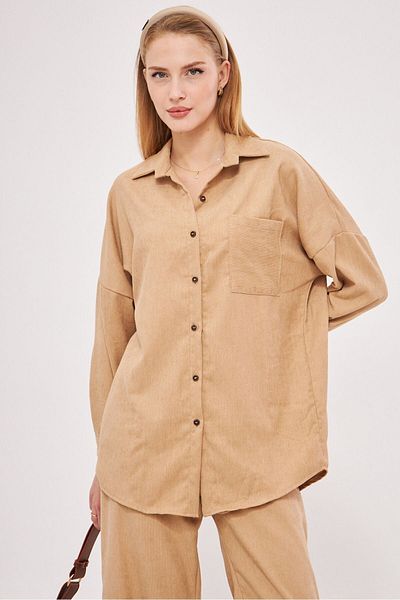 armonika Γυναικείο μπεζ oversize λεπτό κοτλέ πουκάμισο με τσέπες ARM-24K001076