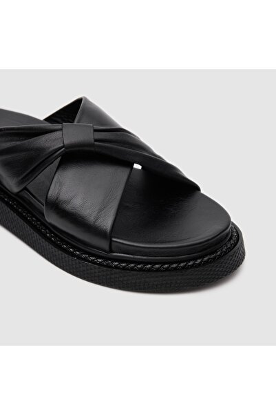 TOGO Siyah Hakiki Deri Kadın Comfort Terlik [060185]