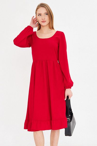 armonika Women's Red U-Neck Back Zipper Elastic Waist Midi Length Velvet Dress Arm-25K 001103