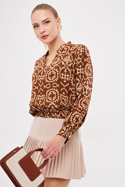 armonika Καφέ μπλούζα με λαιμόκοψη V με λεπτομέρεια ελαστική μέση - ARM-25K 001003