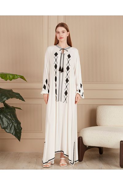EL jadida Women's Embroidered Plus Size Viscose Long Dress White