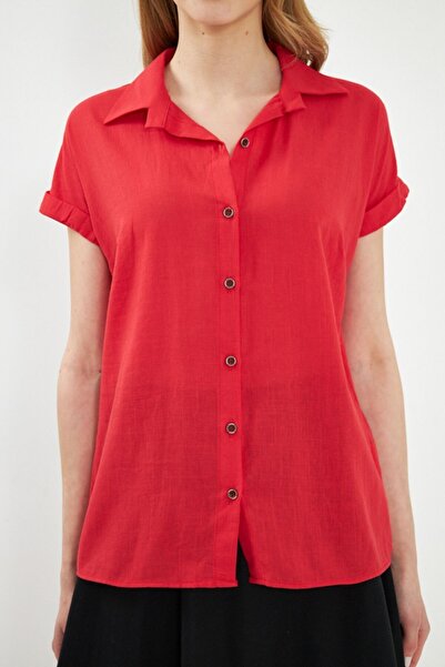 armonika Women's Red Short Sleeve Linen Shirt ARM-24Y001038