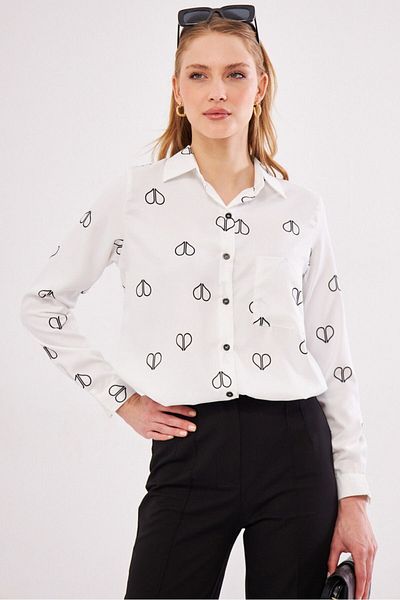 armonika Weißes gemustertes Langarmhemd mit Faltendetail und einer Tasche für Damen ARM-24Y001015