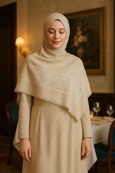 Hazard Beige-Cream Shawl - Stone Embroidered Cut Pattern