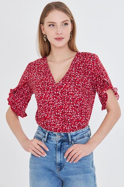 armonika Women's Red V-Neck Ruffled Short Sleeve Blouse Arm-25Y 001031