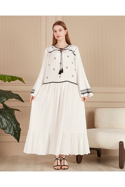 EL jadida Women's Embroidered Plus Size Viscose Long Dress White
