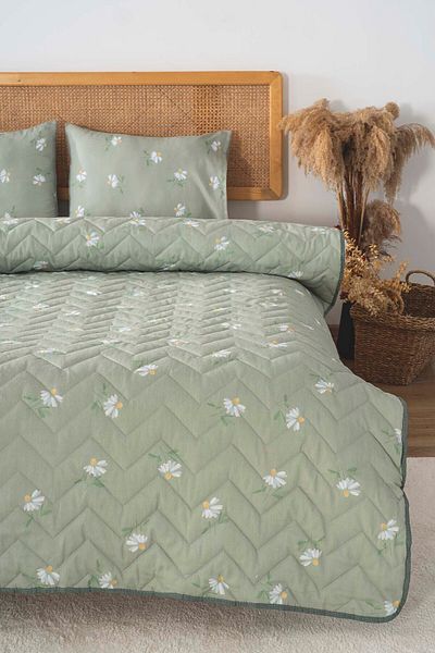 Rivaİstanbul Green Daisy Quilted Double Cotton Pique & Bedspread