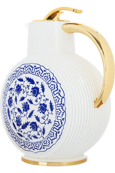 Alsaif Gallery Al Jawhara Thermos, White, Blue Rose Pattern, Golden Handle, 0.9 Liters