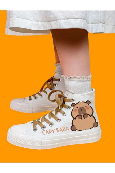 LİASSHOES Coffee Bear Printed White Linen Children's Sneakers Sneakers