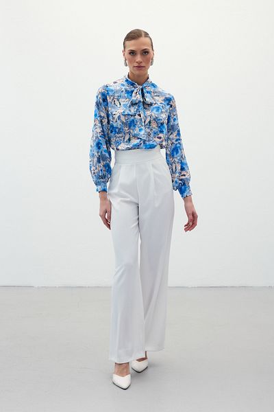 Sateen Cămașă cu guler eșarfă cu model - albastru