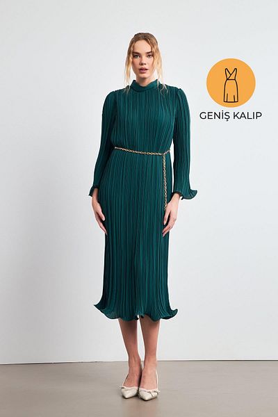 Setre Green Turtleneck Waist Belt Detailed Midi Length Wide Fit Dress