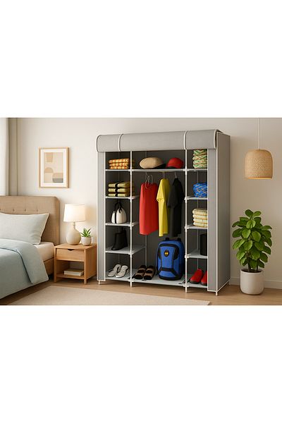 senmasy Double Side Shelf Cloth Wardrobe Gray 160X45X130 cm