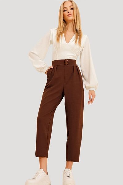 THIFF GYMWEAR Double Buttoned Carrot Model Ankle Length Women's Fabric Pants