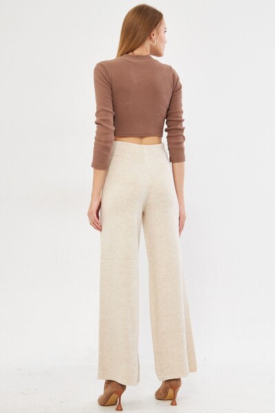 armonika Women's Beige Elastic Waist Knitwear Palazzo Trousers Arm-25K 069003