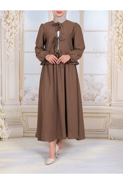 Modamorfo Lace-Up Front Sleeve Elastic Skirt Suit - Brown