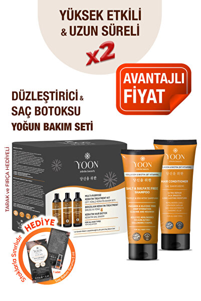 YOON 3'lü Uzun Süren Düzleştirici & Saç Botoxu Kiti, Tuzsuz Şampuan 250ml, Sa...