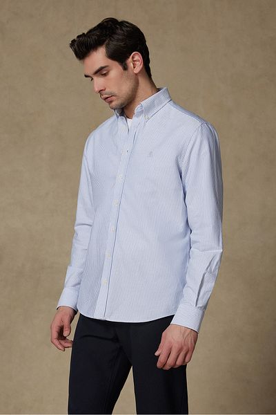 Abbate Marcel American Oxford Cotton Sports Comfort Fit Dark Blue Striped Button Collar Men's Shirt