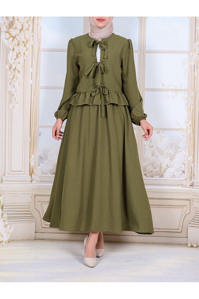Modamorfo Lace-Up Front Sleeve Elastic Skirt Suit - Khaki