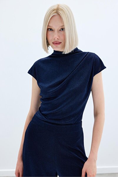 Sateen Боді з блискітками та високим коміром - СИНІЙ