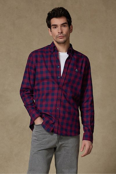 Abbate Luis Twill Cotton Sport Comfort Fit Burgundy Plaid Button Collar Men's Shirt
