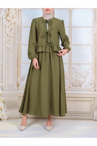 Modamorfo Lace-Up Front Sleeve Elastic Skirt Suit - Khaki