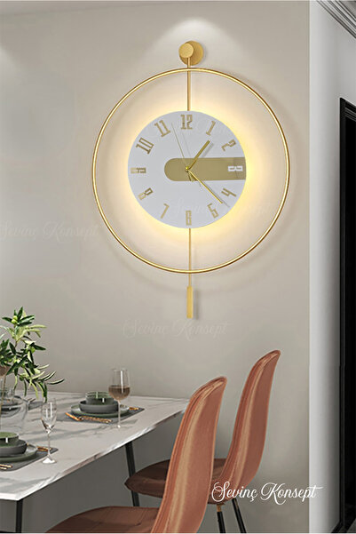 SEVİNÇ KONSEPT Led'li Gold Latin 3 Kristal (BÜYÜK BOY 50 X 75 Cm), Modern Dekoratif Sarkaçlı Metal Duvar Saati