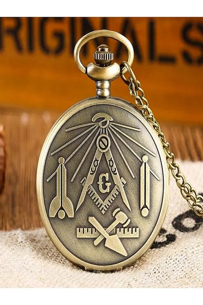 JustZEN Vintage Pocket Watch, JustZEN™ Masonic, with Chain, Gold, Quartz, Battery