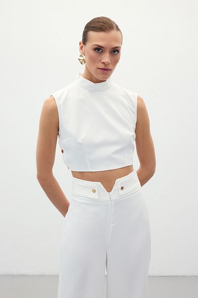 Sateen Κομμένη Λεπτομερής Μπλούζα Crop - Εκρού