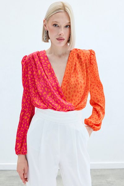 Sateen 947-1040 Bluză de damă cu imprimeu contrastant portocaliu-fucsia