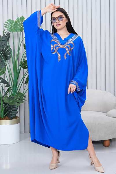 EL jadida Rochie lungă din viscoză de mărime mare brodata cu paiete pentru femei Saks Blue