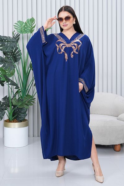 EL jadida Women's Sequin Sequin Embroidered Plus Size Viscose Long Dress Navy Blue