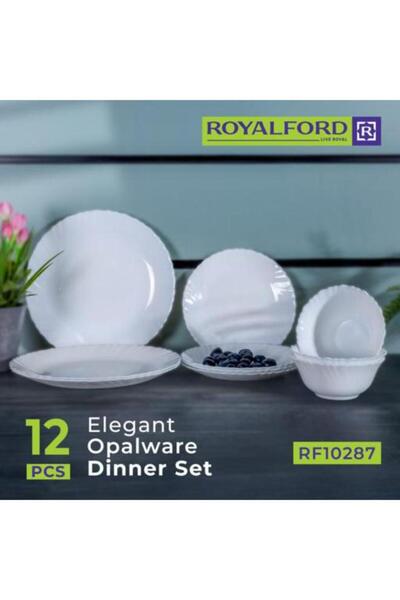 ROYALFORD طقم عشاء أوبال وير من 12 قطعة، تصميم أنيق وجميل، آمن للاستخدام في غسالة الأطباق/الفريزر، أبيض
