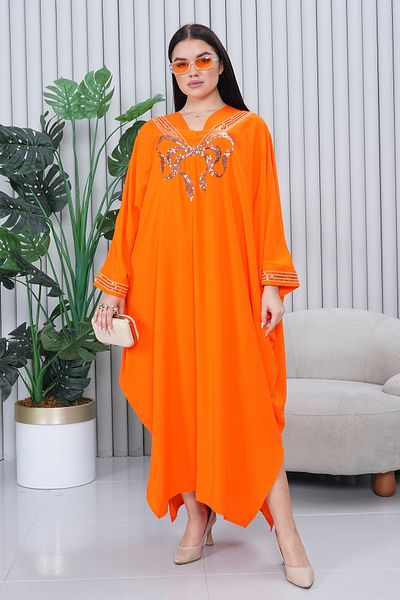 EL jadida Women's Sequin Sequin Embroidered Plus Size Viscose Long Dress Orange