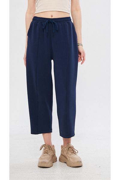 THIFF GYMWEAR Navy Blue Ultra Soft, Stitching Detailed Carrot Cut Lace Up Elastic Ankle Length Women's Modal Trousers